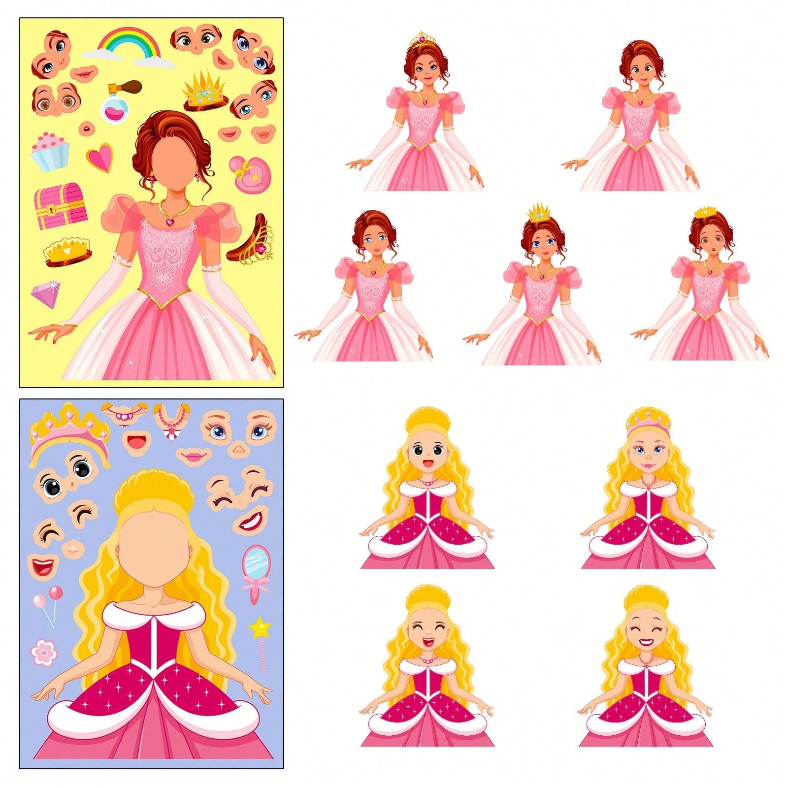 1 Pack (6pcs/18pcs) Children's Blue Princess Face Swap Stickers, Cartoon Interactive Handwritten DIY Puzzle Stickers, Stickers, Arts & Crafts, Birthday Gift, Back To School