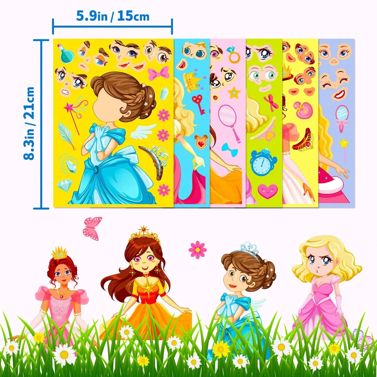1 Pack (6pcs/18pcs) Children's Blue Princess Face Swap Stickers, Cartoon Interactive Handwritten DIY Puzzle Stickers, Stickers, Arts & Crafts, Birthday Gift, Back To School