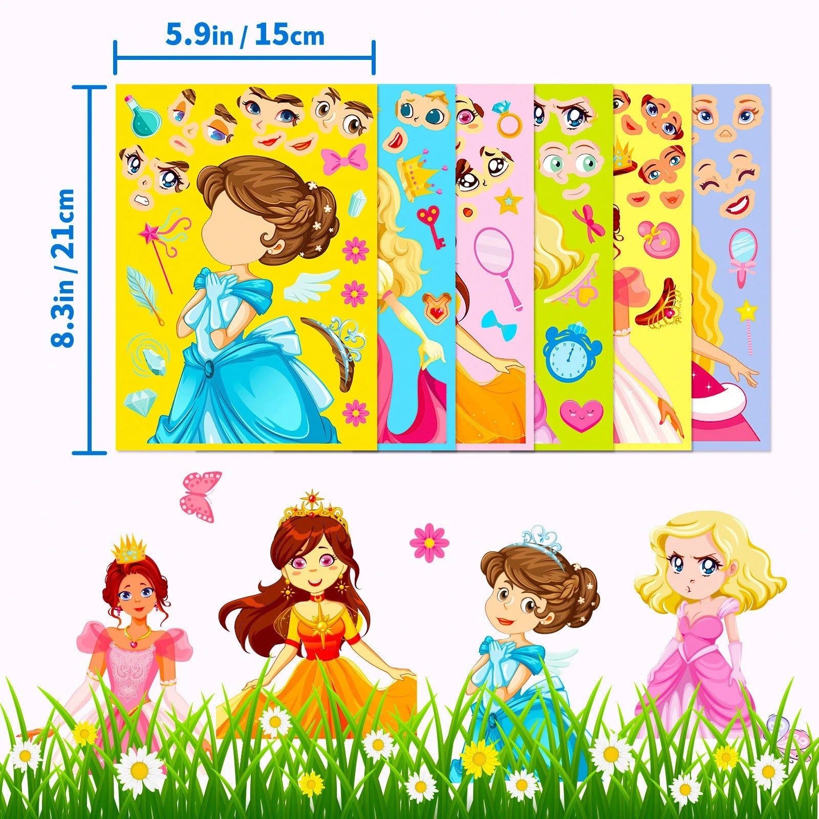 1 Pack (6pcs/18pcs) Children's Blue Princess Face Swap Stickers, Cartoon Interactive Handwritten DIY Puzzle Stickers, Stickers, Arts & Crafts, Birthday Gift, Back To School
