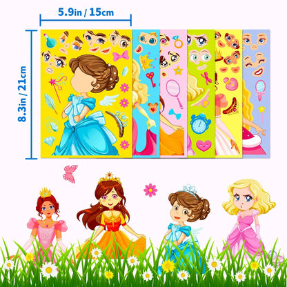 1 Pack (6pcs/18pcs) Children's Blue Princess Face Swap Stickers, Cartoon Interactive Handwritten DIY Puzzle Stickers, Stickers, Arts & Crafts, Birthday Gift, Back To School