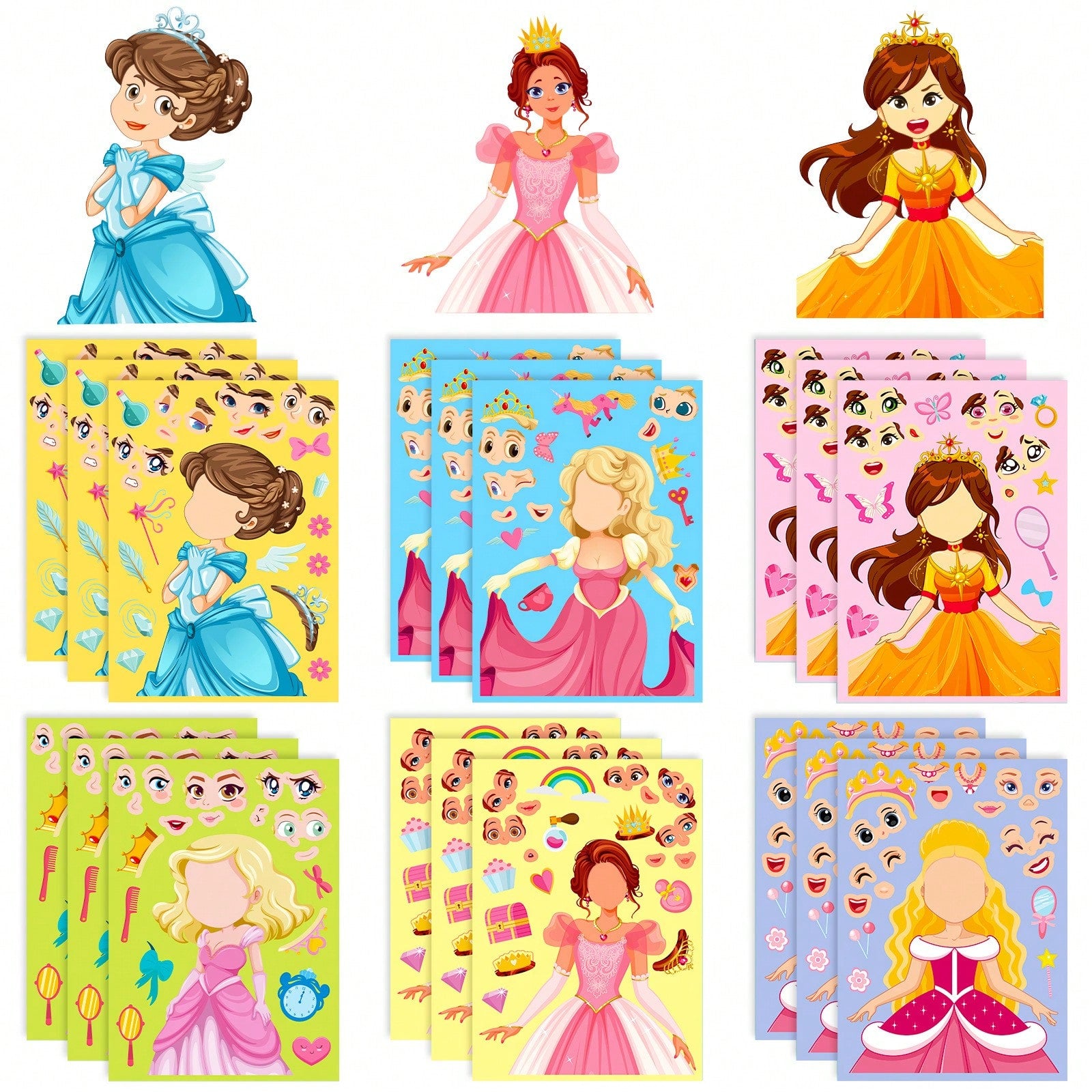 1 Pack (6pcs/18pcs) Children's Blue Princess Face Swap Stickers, Cartoon Interactive Handwritten DIY Puzzle Stickers, Stickers, Arts & Crafts, Birthday Gift, Back To School
