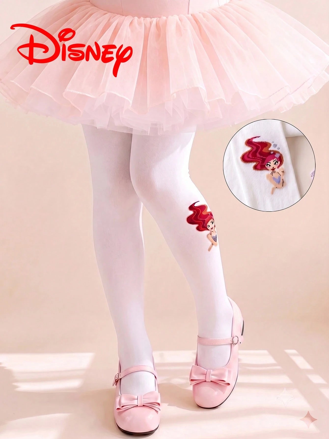 1 Pair Authentic Disney Girls White Vertical Stripe Tights, Little Girl Princess Style Mermaid Princess Pattern Party Gift Hollow Mesh Bottom Tights, Comfortable And Breathable Suitable For Students