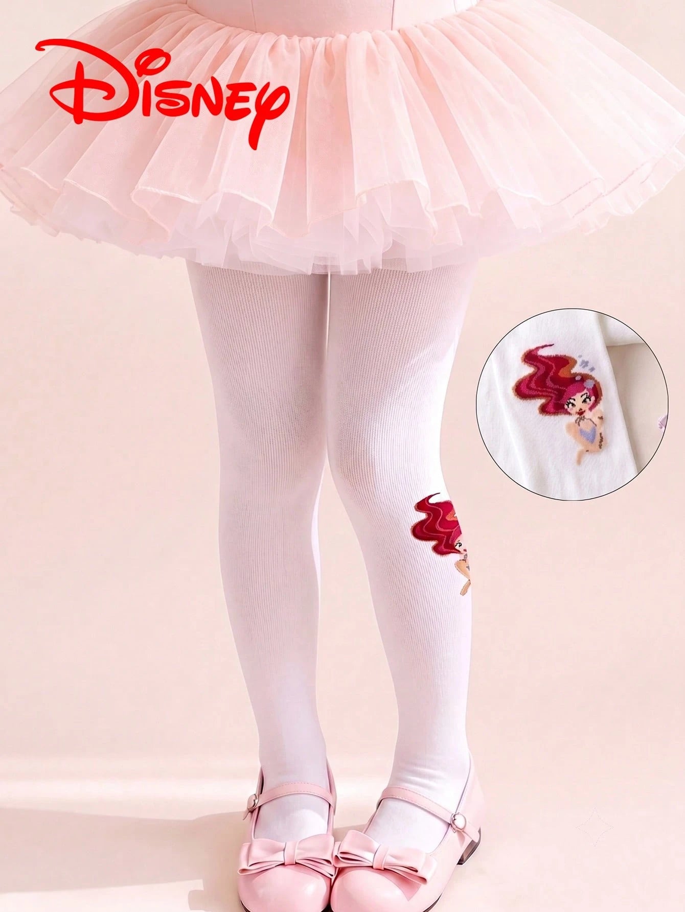 1 Pair Authentic Disney Girls White Vertical Stripe Tights, Little Girl Princess Style Mermaid Princess Pattern Party Gift Hollow Mesh Bottom Tights, Comfortable And Breathable Suitable For Students