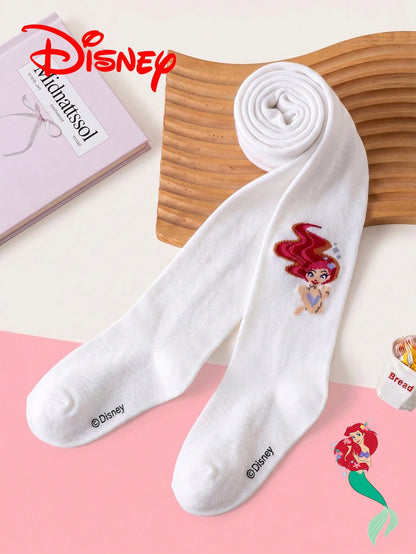 1 Pair Authentic Disney Girls White Vertical Stripe Tights, Little Girl Princess Style Mermaid Princess Pattern Party Gift Hollow Mesh Bottom Tights, Comfortable And Breathable Suitable For Students