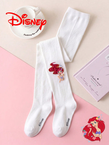 1 Pair Authentic Disney Girls White Vertical Stripe Tights, Little Girl Princess Style Mermaid Princess Pattern Party Gift Hollow Mesh Bottom Tights, Comfortable And Breathable Suitable For Students