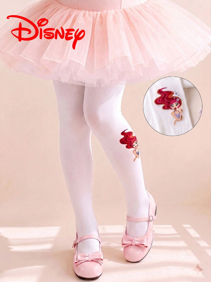 1 Pair Authentic Disney Girls White Vertical Stripe Tights, Little Girl Princess Style Mermaid Princess Pattern Party Gift Hollow Mesh Bottom Tights, Comfortable And Breathable Suitable For Students