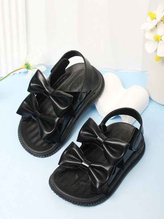 1 Pair Black Hook And Loop Closure Baby Sandals With Bow Decor, Simple And Comfortable Infant Outdoor Shoes, Summer