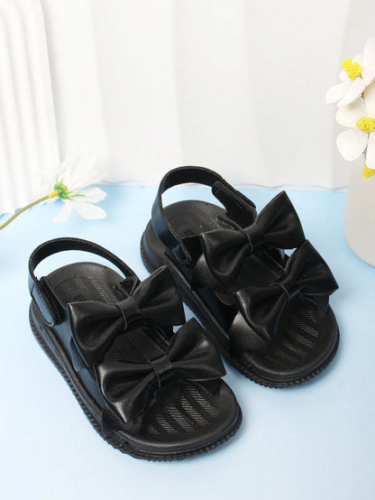 1 Pair Black Hook And Loop Closure Baby Sandals With Bow Decor, Simple And Comfortable Infant Outdoor Shoes, Summer
