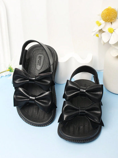 1 Pair Black Hook And Loop Closure Baby Sandals With Bow Decor, Simple And Comfortable Infant Outdoor Shoes, Summer