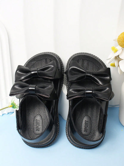 1 Pair Black Hook And Loop Closure Baby Sandals With Bow Decor, Simple And Comfortable Infant Outdoor Shoes, Summer
