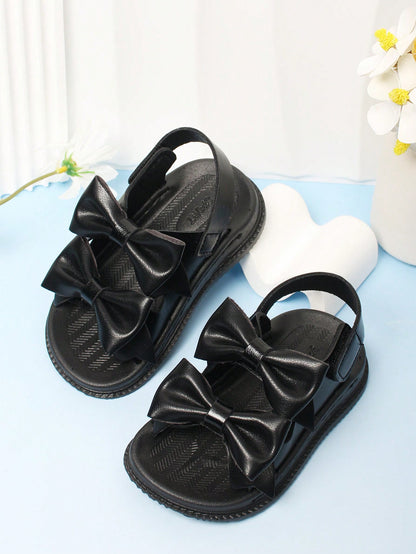 1 Pair Black Hook And Loop Closure Baby Sandals With Bow Decor, Simple And Comfortable Infant Outdoor Shoes, Summer