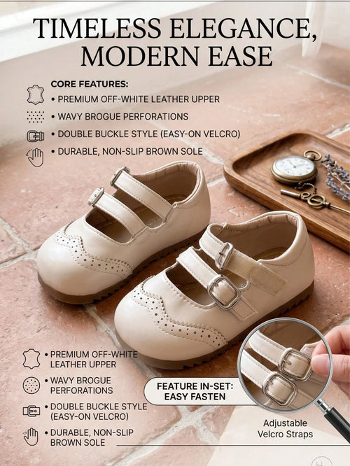 1 Pair Girls' Double Buckle Vintage Brogue Carved Soft Sole Non-Slip Princess Shoes, Fashionable Versatile For Spring And Autumn