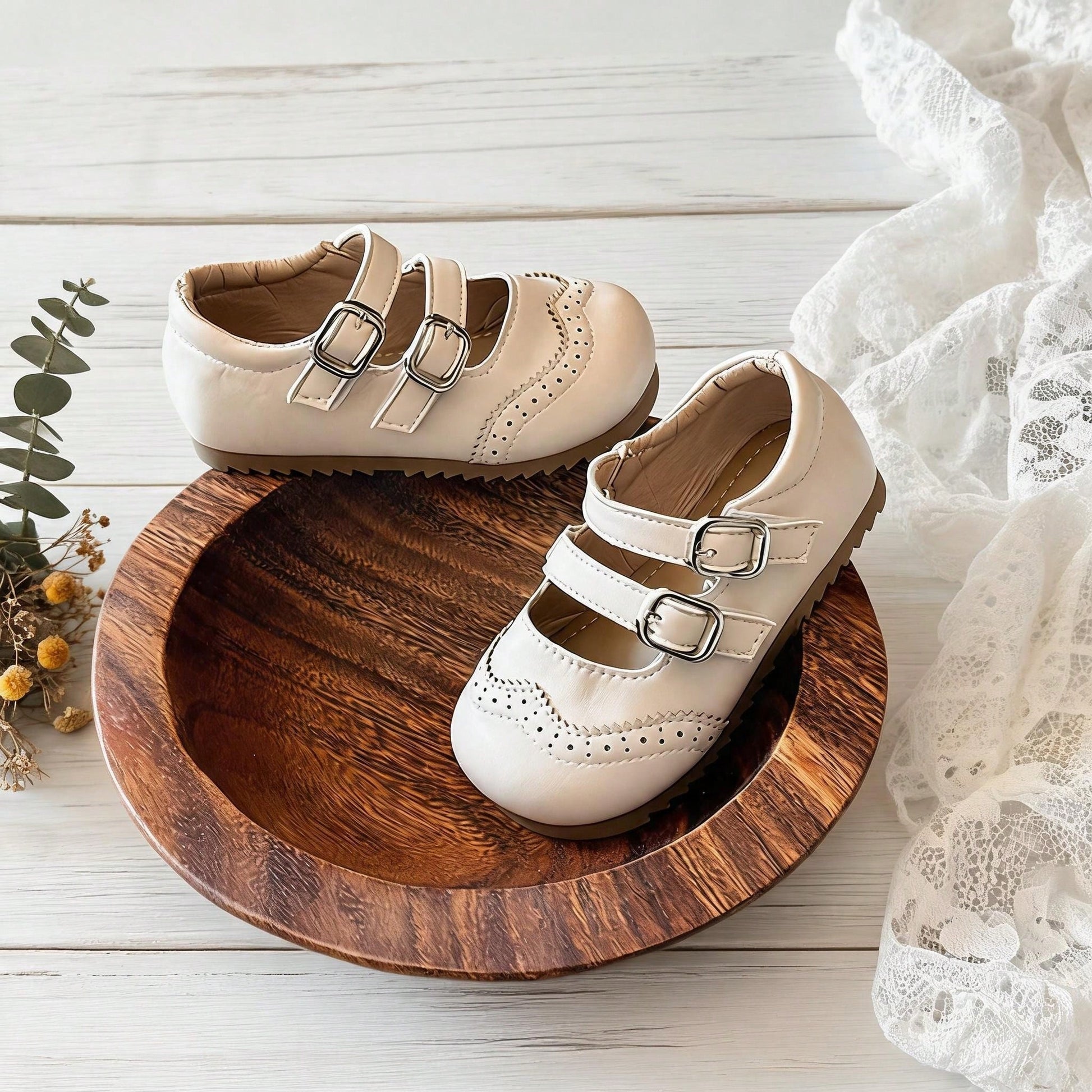 1 Pair Girls' Double Buckle Vintage Brogue Carved Soft Sole Non-Slip Princess Shoes, Fashionable Versatile For Spring And Autumn
