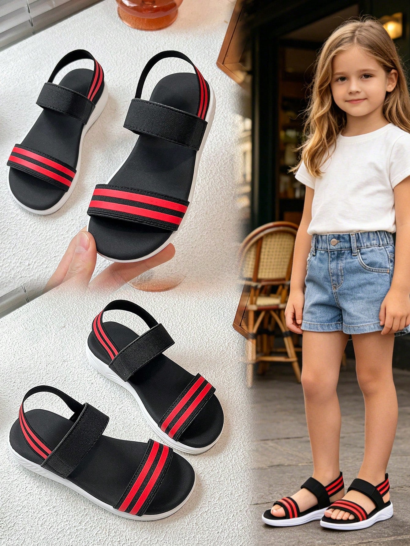 1 Pair Girls' Sports Sandals, Soft Sole Casual Design, Black & White Contrast Style, Suitable For Play And Daily Wear