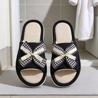 1 Pair Of Small Fragrant Bird Grid Butterfly Bow Linen Slippers For Women, Suitable For Home Use, Bathroom Anti Slip Slippers, Breathable Indoor Cool Slippers, Sweat Absorbing And Breathable, Suitable