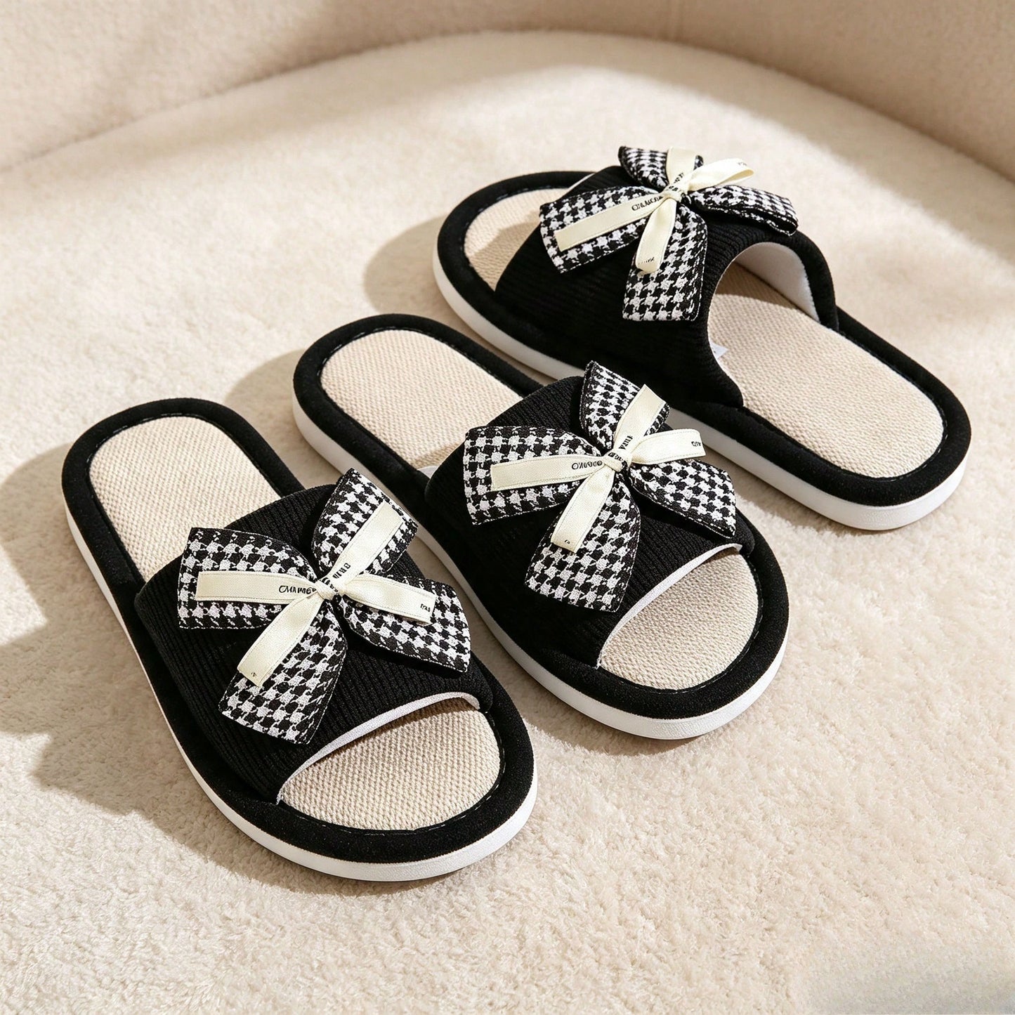 1 Pair Of Small Fragrant Bird Grid Butterfly Bow Linen Slippers For Women, Suitable For Home Use, Bathroom Anti Slip Slippers, Breathable Indoor Cool Slippers, Sweat Absorbing And Breathable, Suitable