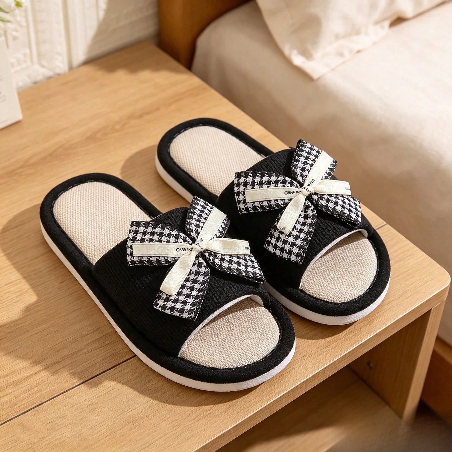 1 Pair Of Small Fragrant Bird Grid Butterfly Bow Linen Slippers For Women, Suitable For Home Use, Bathroom Anti Slip Slippers, Breathable Indoor Cool Slippers, Sweat Absorbing And Breathable, Suitable