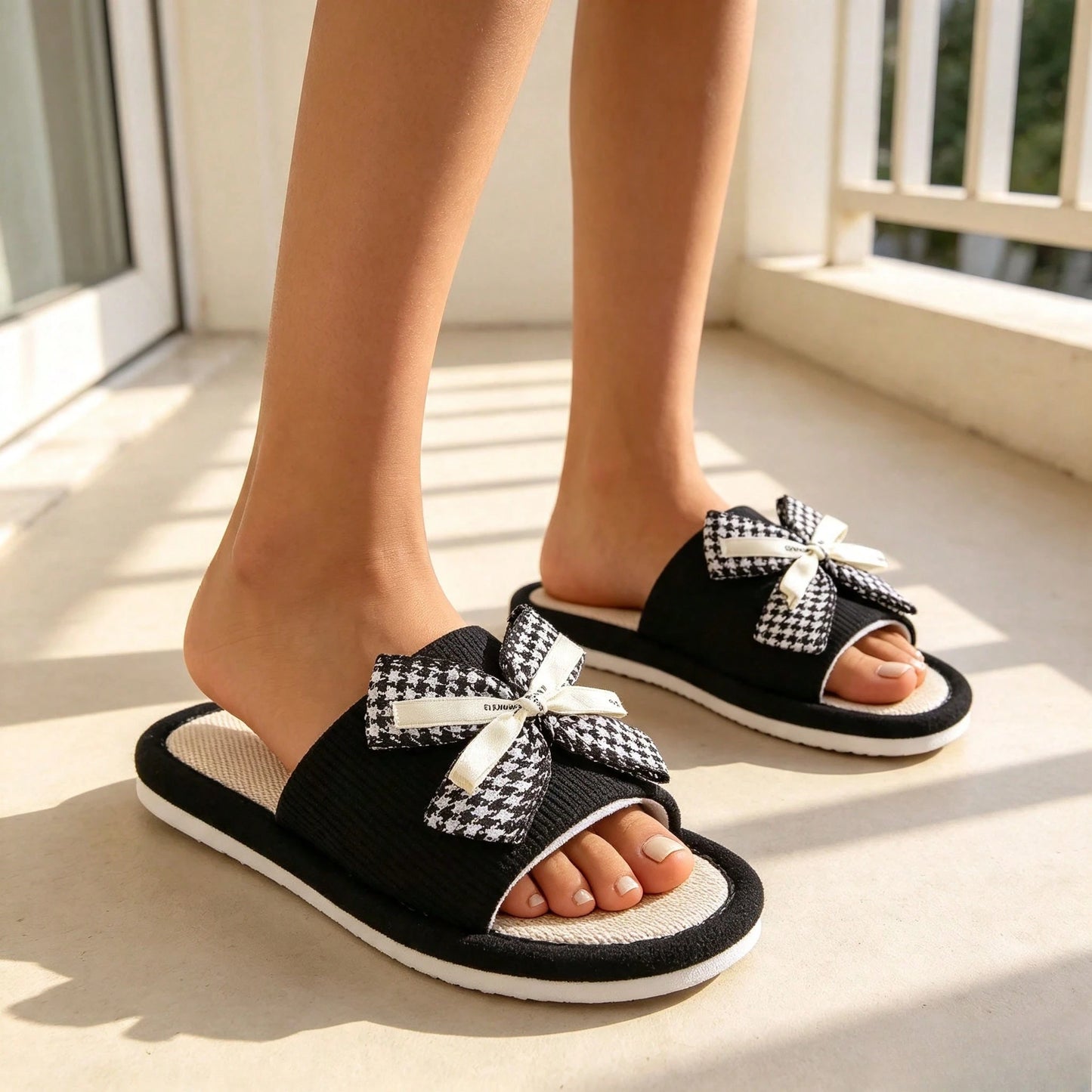 1 Pair Of Small Fragrant Bird Grid Butterfly Bow Linen Slippers For Women, Suitable For Home Use, Bathroom Anti Slip Slippers, Breathable Indoor Cool Slippers, Sweat Absorbing And Breathable, Suitable