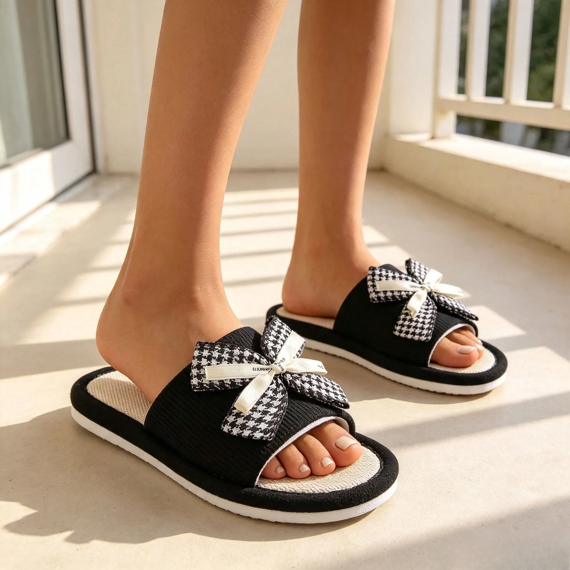 1 Pair Of Small Fragrant Bird Grid Butterfly Bow Linen Slippers For Women, Suitable For Home Use, Bathroom Anti Slip Slippers, Breathable Indoor Cool Slippers, Sweat Absorbing And Breathable, Suitable