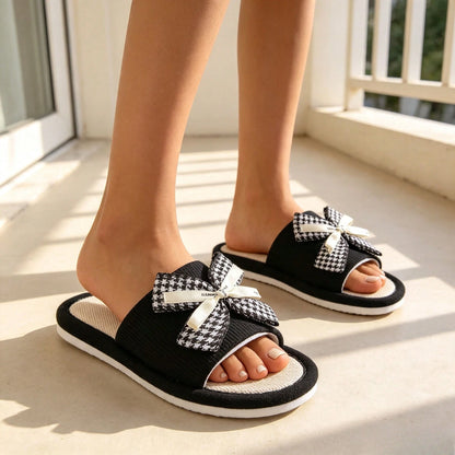 1 Pair Of Small Fragrant Bird Grid Butterfly Bow Linen Slippers For Women, Suitable For Home Use, Bathroom Anti Slip Slippers, Breathable Indoor Cool Slippers, Sweat Absorbing And Breathable, Suitable
