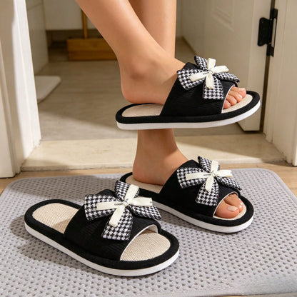 1 Pair Of Small Fragrant Bird Grid Butterfly Bow Linen Slippers For Women, Suitable For Home Use, Bathroom Anti Slip Slippers, Breathable Indoor Cool Slippers, Sweat Absorbing And Breathable, Suitable