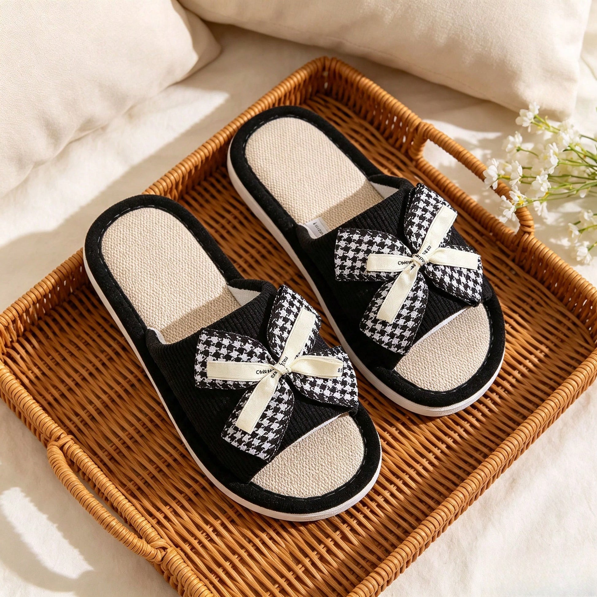 1 Pair Of Small Fragrant Bird Grid Butterfly Bow Linen Slippers For Women, Suitable For Home Use, Bathroom Anti Slip Slippers, Breathable Indoor Cool Slippers, Sweat Absorbing And Breathable, Suitable
