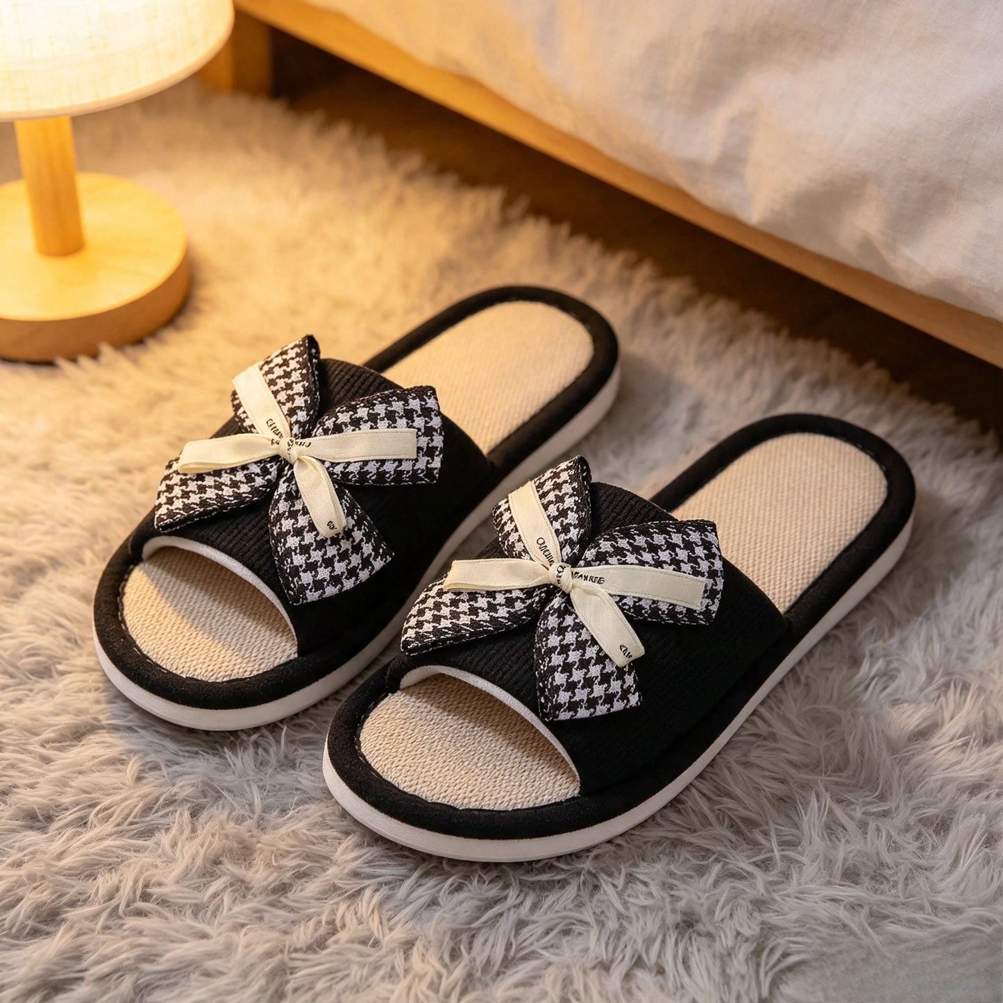 1 Pair Of Small Fragrant Bird Grid Butterfly Bow Linen Slippers For Women, Suitable For Home Use, Bathroom Anti Slip Slippers, Breathable Indoor Cool Slippers, Sweat Absorbing And Breathable, Suitable