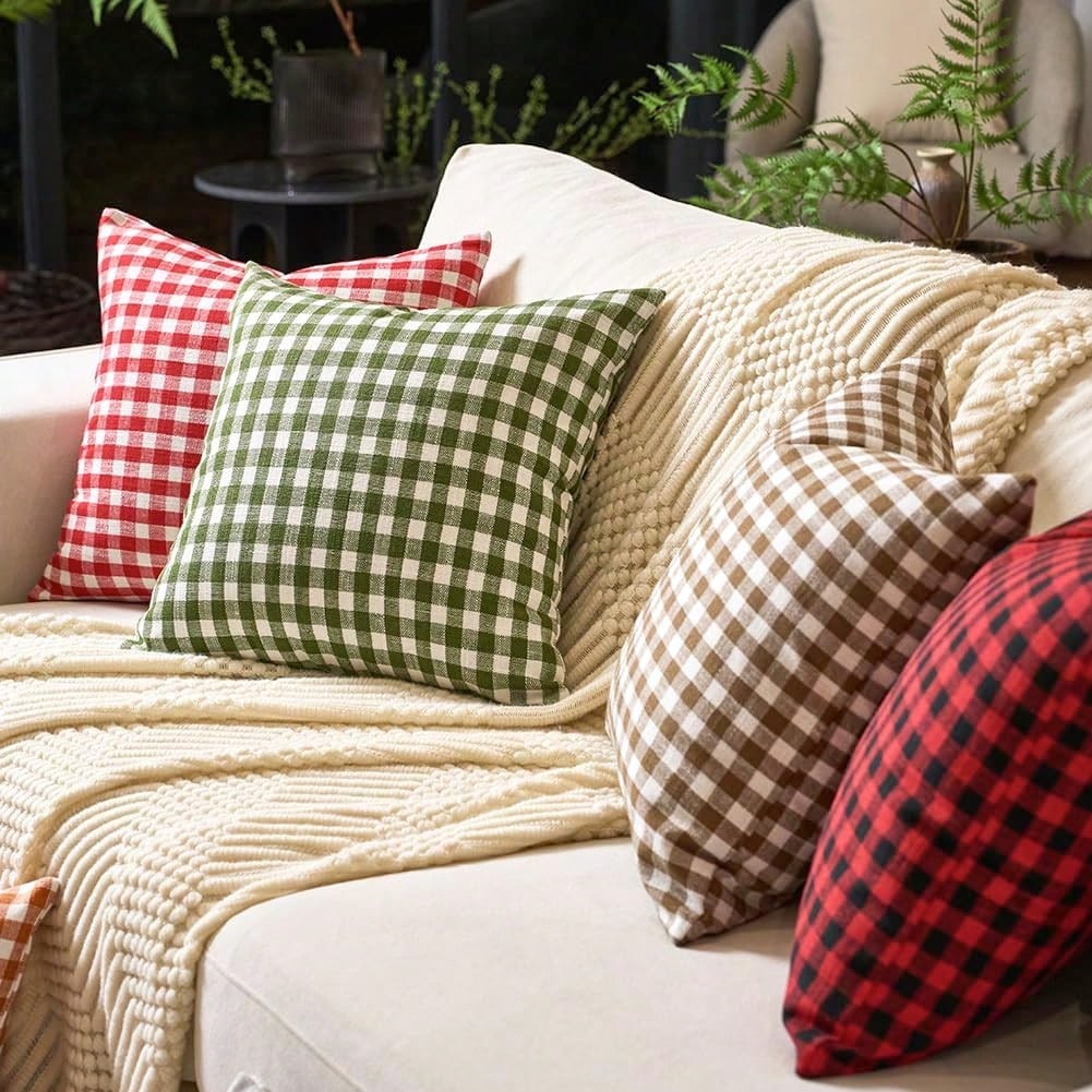 1 Pc Unfilled Luxury Plaid Throw Pillow Cover, Modern Farmhouse Decor Sofa Cushion Square Linen Pillowcase, Suitable For Sofa, Living Room, Bedroom, Farmhouse, Also As Gift