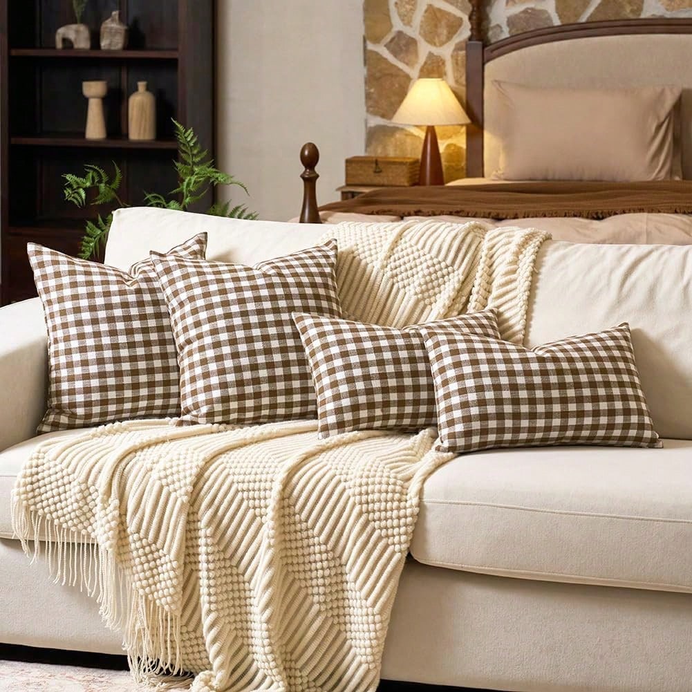 1 Pc Unfilled Luxury Plaid Throw Pillow Cover, Modern Farmhouse Decor Sofa Cushion Square Linen Pillowcase, Suitable For Sofa, Living Room, Bedroom, Farmhouse, Also As Gift