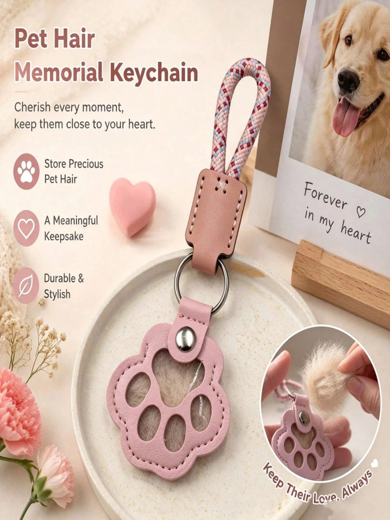 1 Pet Hair Memorial Keychain, PU Leather Paw Print Souvenir, Dog/Cat Hair Locket Keychain, Memorial Keychain