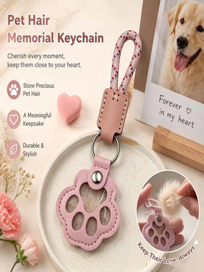 1 Pet Hair Memorial Keychain, PU Leather Paw Print Souvenir, Dog/Cat Hair Locket Keychain, Memorial Keychain