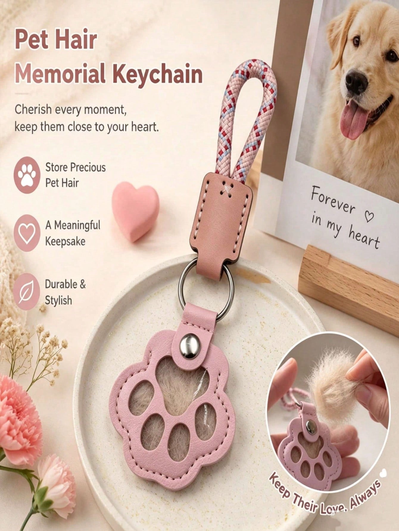 1 Pet Hair Memorial Keychain, PU Leather Paw Print Souvenir, Dog/Cat Hair Locket Keychain, Memorial Keychain