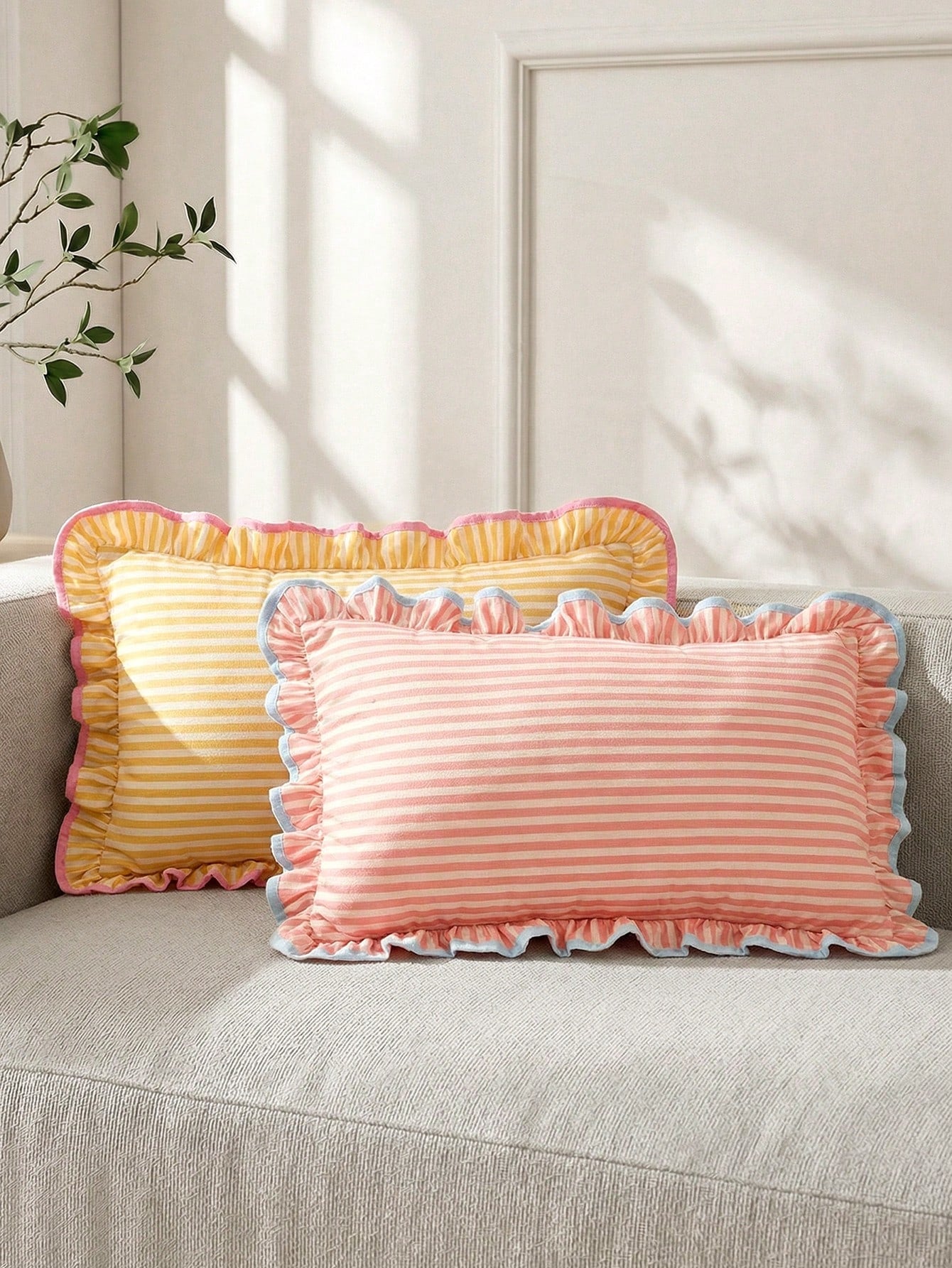 1 Piece, Pink Pattern Pillow Cover, Ruffle Trim Contrasting Blue Edge, Academic Style, Pastoral Style Waist Pillowcase, Sofa, Dormitory, Room Decoration
