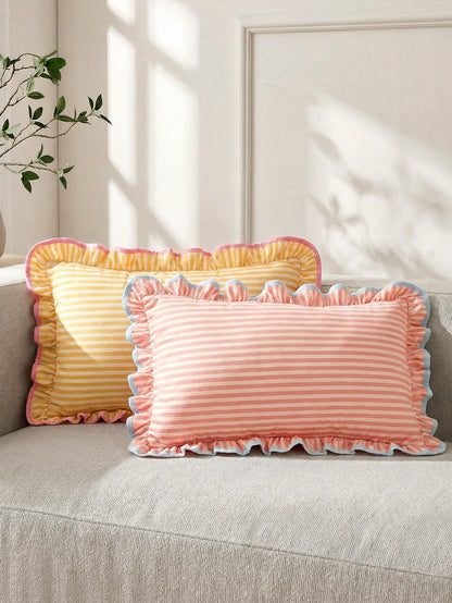 1 Piece, Pink Pattern Pillow Cover, Ruffle Trim Contrasting Blue Edge, Academic Style, Pastoral Style Waist Pillowcase, Sofa, Dormitory, Room Decoration