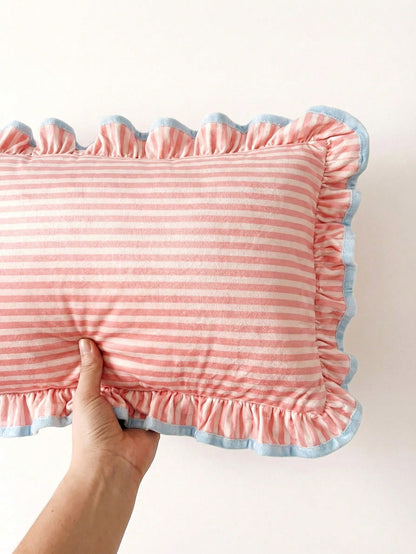 1 Piece, Pink Pattern Pillow Cover, Ruffle Trim Contrasting Blue Edge, Academic Style, Pastoral Style Waist Pillowcase, Sofa, Dormitory, Room Decoration