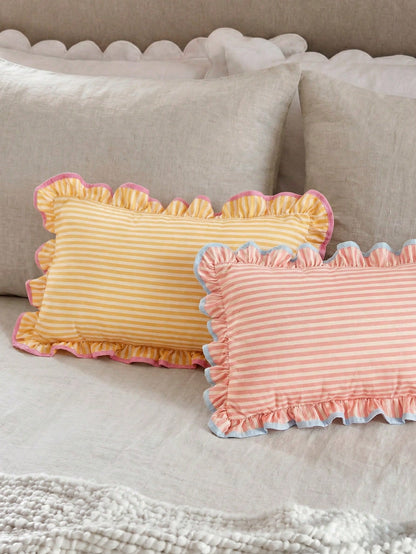 1 Piece, Pink Pattern Pillow Cover, Ruffle Trim Contrasting Blue Edge, Academic Style, Pastoral Style Waist Pillowcase, Sofa, Dormitory, Room Decoration