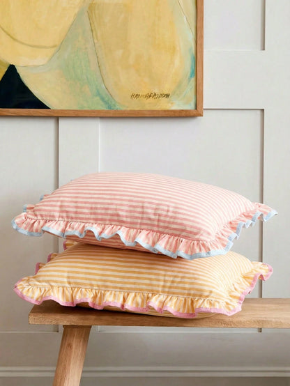 1 Piece, Pink Pattern Pillow Cover, Ruffle Trim Contrasting Blue Edge, Academic Style, Pastoral Style Waist Pillowcase, Sofa, Dormitory, Room Decoration