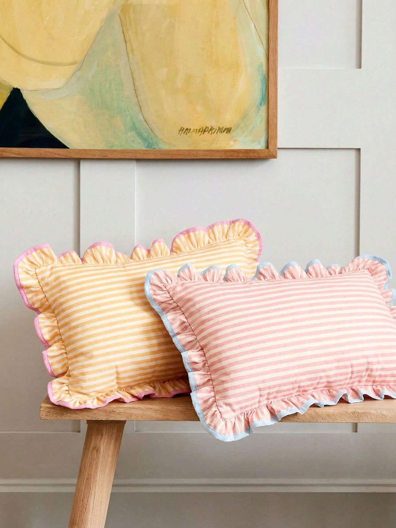 1 Piece, Pink Pattern Pillow Cover, Ruffle Trim Contrasting Blue Edge, Academic Style, Pastoral Style Waist Pillowcase, Sofa, Dormitory, Room Decoration