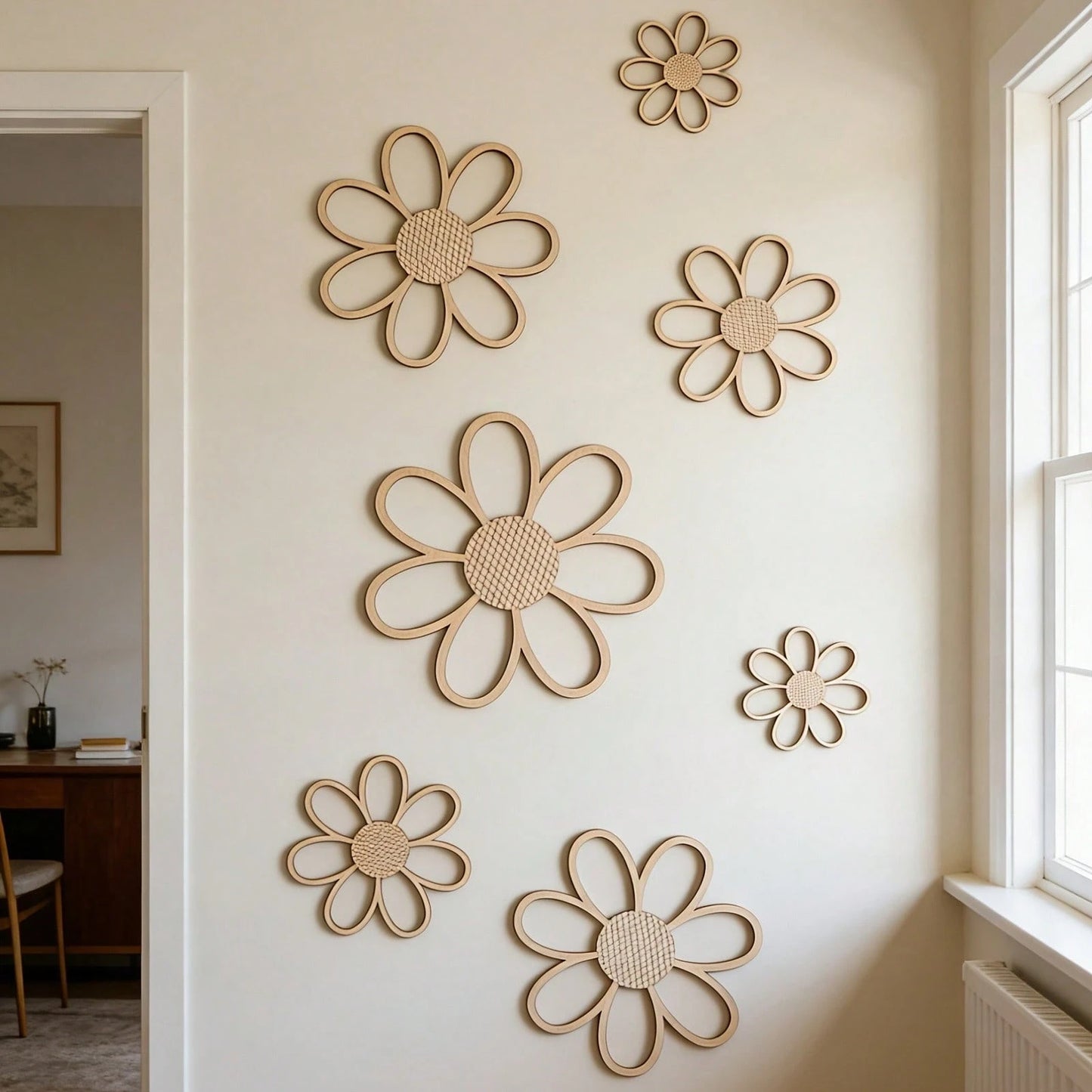 1 Set 7pcs 25/20/15cm Wooden Flower Wall Decals For Baby Room, Kids Room Wall Hanging Decor, Creative 3D Wall Decoration, Baby Bedroom Wall Decor