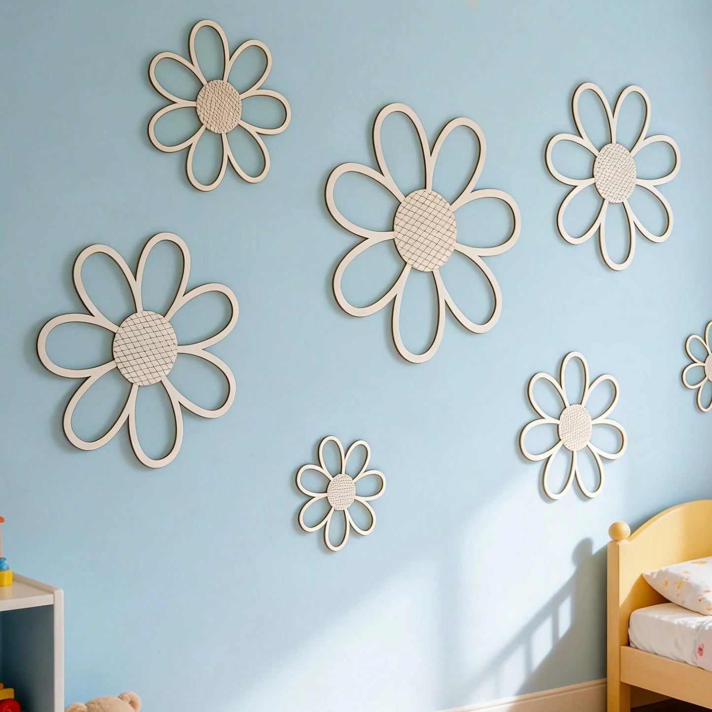 1 Set 7pcs 25/20/15cm Wooden Flower Wall Decals For Baby Room, Kids Room Wall Hanging Decor, Creative 3D Wall Decoration, Baby Bedroom Wall Decor