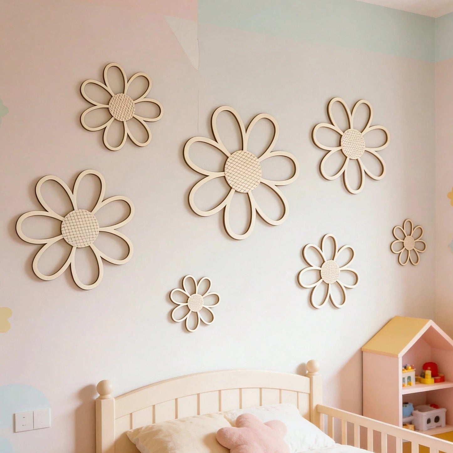 1 Set 7pcs 25/20/15cm Wooden Flower Wall Decals For Baby Room, Kids Room Wall Hanging Decor, Creative 3D Wall Decoration, Baby Bedroom Wall Decor