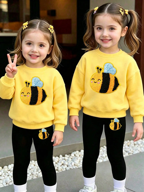 (1 Set) Autumn/Winter Baby Girl Simple Fresh Cute Cartoon Bee Pattern Basic Crew Neck Sweatshirt And Leggings 2-Piece Set