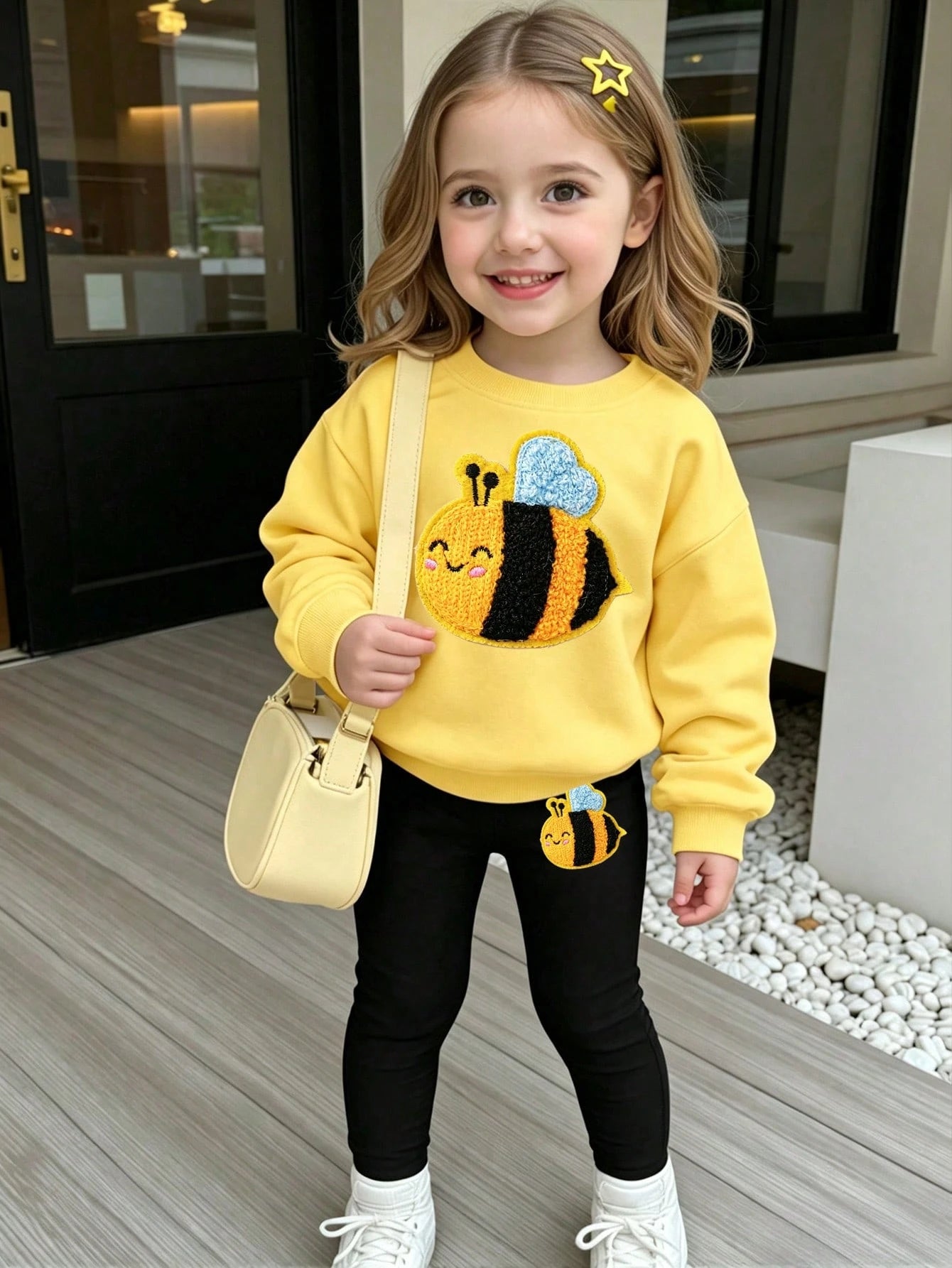 (1 Set) Autumn/Winter Baby Girl Simple Fresh Cute Cartoon Bee Pattern Basic Crew Neck Sweatshirt And Leggings 2-Piece Set