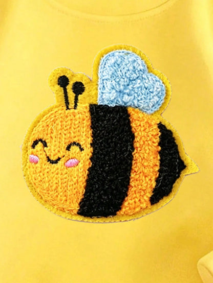 (1 Set) Autumn/Winter Baby Girl Simple Fresh Cute Cartoon Bee Pattern Basic Crew Neck Sweatshirt And Leggings 2-Piece Set