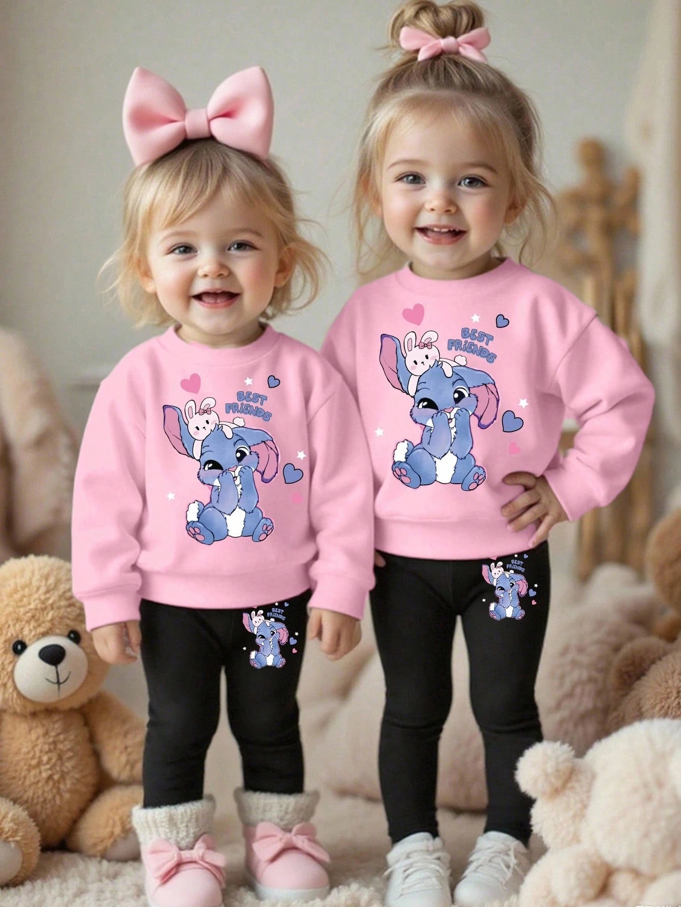 (1 Set) Autumn/Winter Baby Girl Simple Fresh Cute Cartoon Bee Pattern Basic Crew Neck Sweatshirt And Leggings 2-Piece Set
