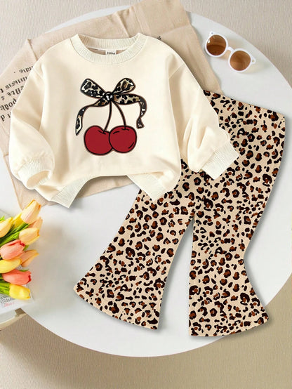 1 Set Baby Girls Casual Chic Leopard Cherry Pattern Round Neck Sweatshirt And Print Flare Pants Suitable For Autumn/Winter Outings, Fun Fall Clothing