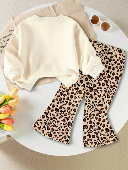 1 Set Baby Girls Casual Chic Leopard Cherry Pattern Round Neck Sweatshirt And Print Flare Pants Suitable For Autumn/Winter Outings, Fun Fall Clothing