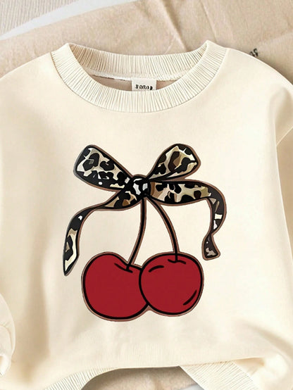 1 Set Baby Girls Casual Chic Leopard Cherry Pattern Round Neck Sweatshirt And Print Flare Pants Suitable For Autumn/Winter Outings, Fun Fall Clothing