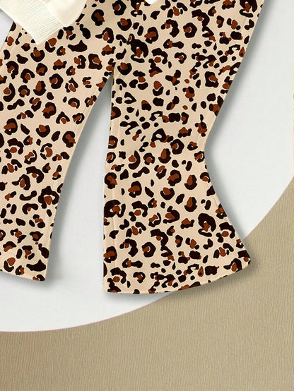 1 Set Baby Girls Casual Chic Leopard Cherry Pattern Round Neck Sweatshirt And Print Flare Pants Suitable For Autumn/Winter Outings, Fun Fall Clothing
