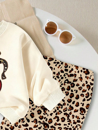 1 Set Baby Girls Casual Chic Leopard Cherry Pattern Round Neck Sweatshirt And Print Flare Pants Suitable For Autumn/Winter Outings, Fun Fall Clothing